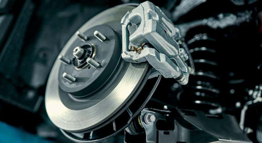 Close-up of disc brakes on a vehicle.