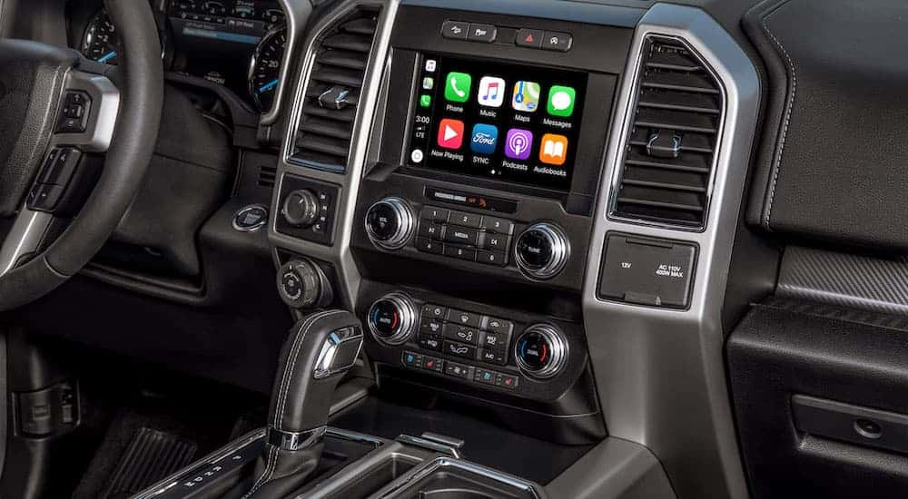 Close-up of the center dash and infotainment screen in a 2020 Ford F-150.