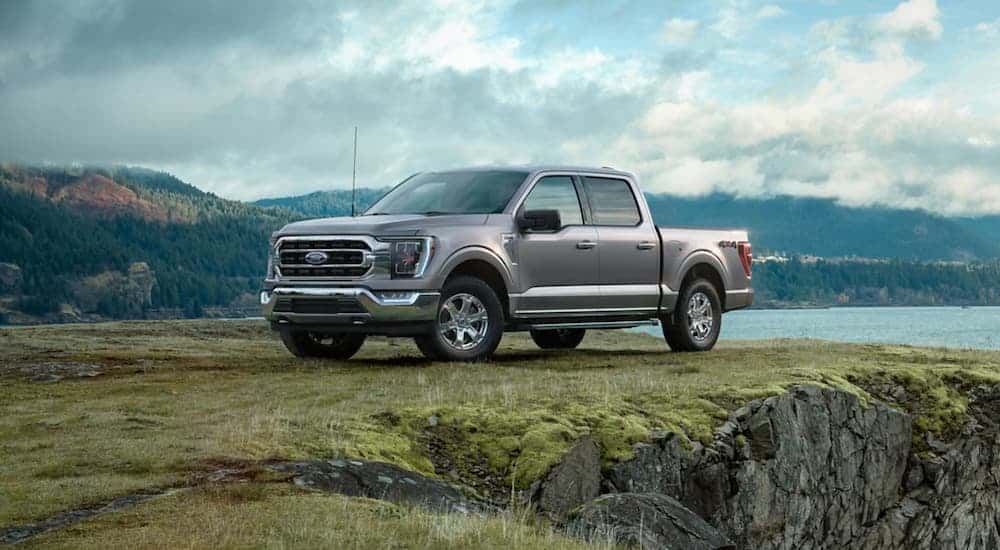 A silver 2021 Ford F-150 parked near a cliff.
