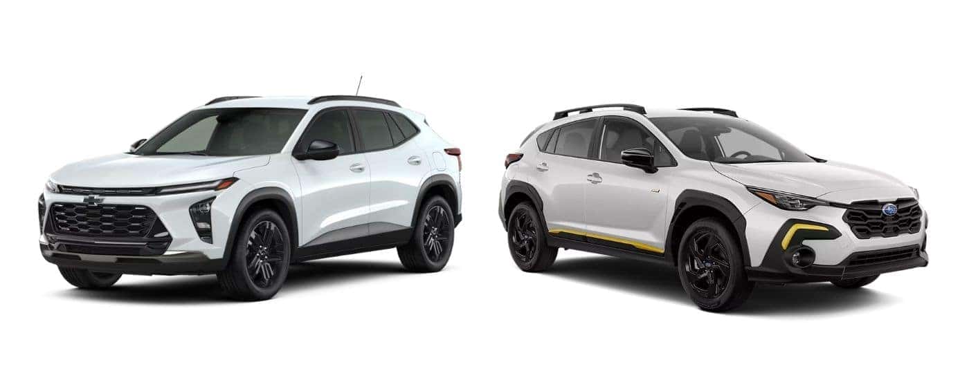 White 2025 Chevy Trax and white 2025 Subaru Crosstrek