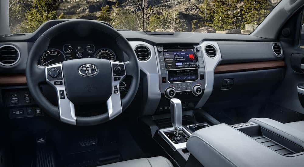 Black leather interior of a 2020 Toyota Tundra.