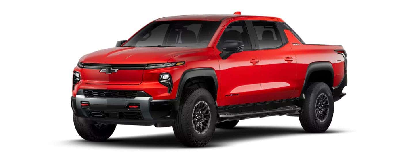 A red 2026 Chevy Silverado EV Trail Boss angled left.