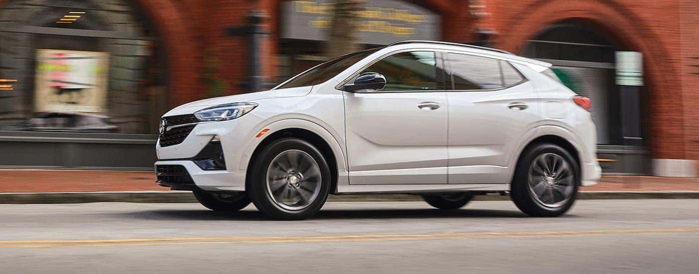 White 2021 Buick Encore GX driving to a Buick service center near Monroe