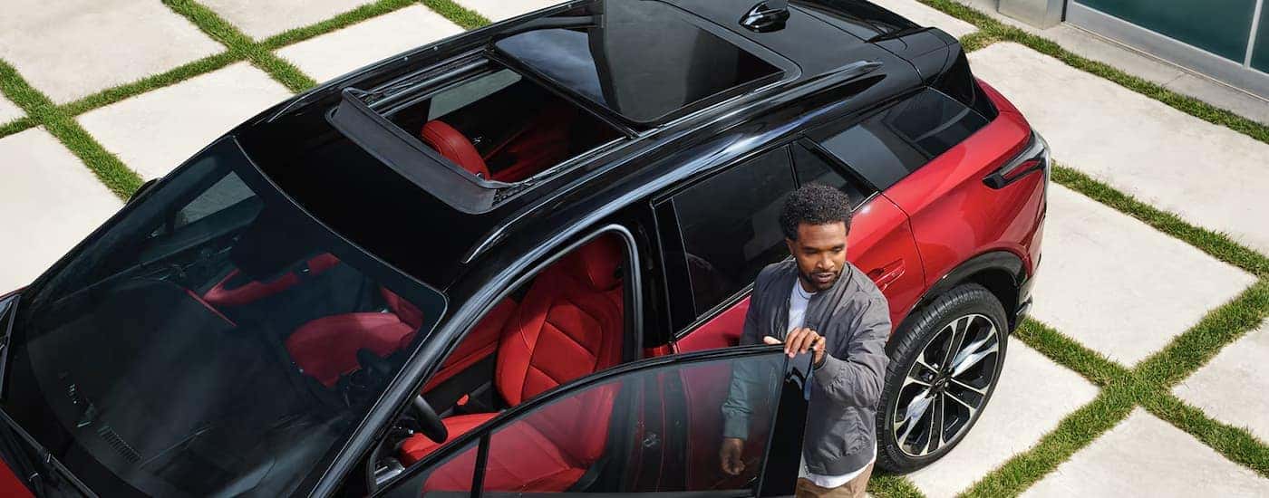 View of the moonroof on a red 2026 Chevy Blazer EV
