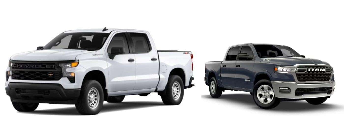 A white 2026 Chevy Silverado 1500 vs a gray 2026 Ram 1500.