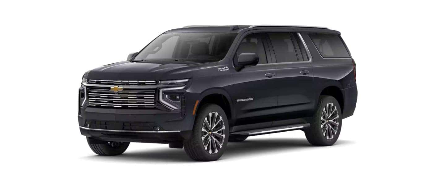A black 2026 Chevy Suburban High Country angled left.