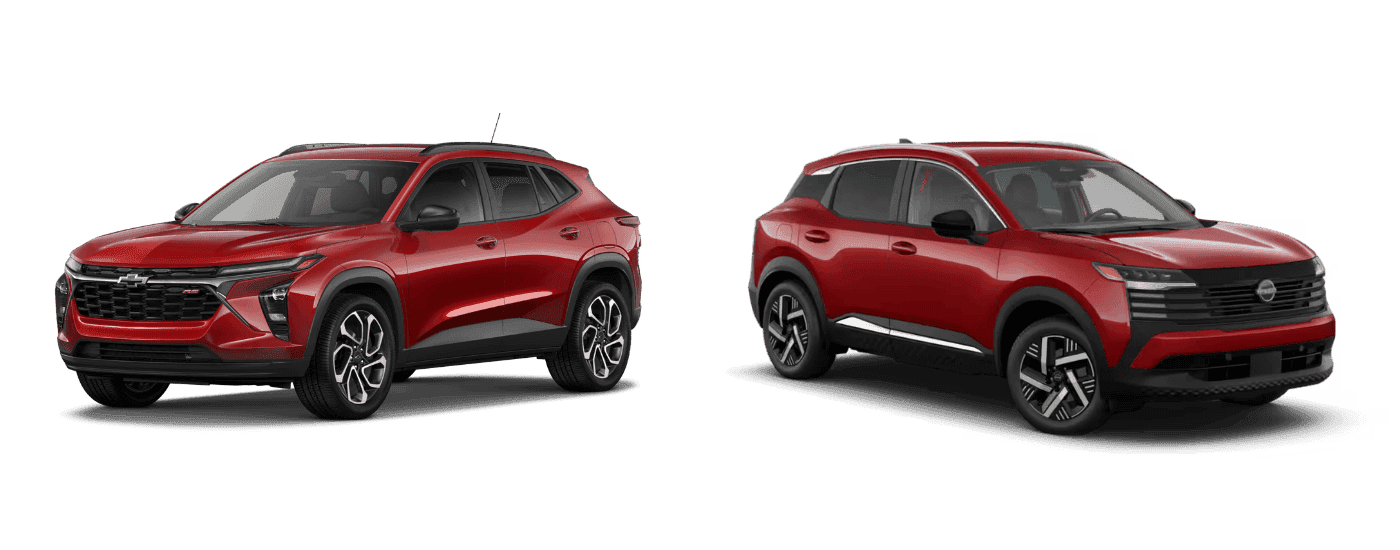 Red 2026 Chevy Trax and red 2026 Nissan Kicks