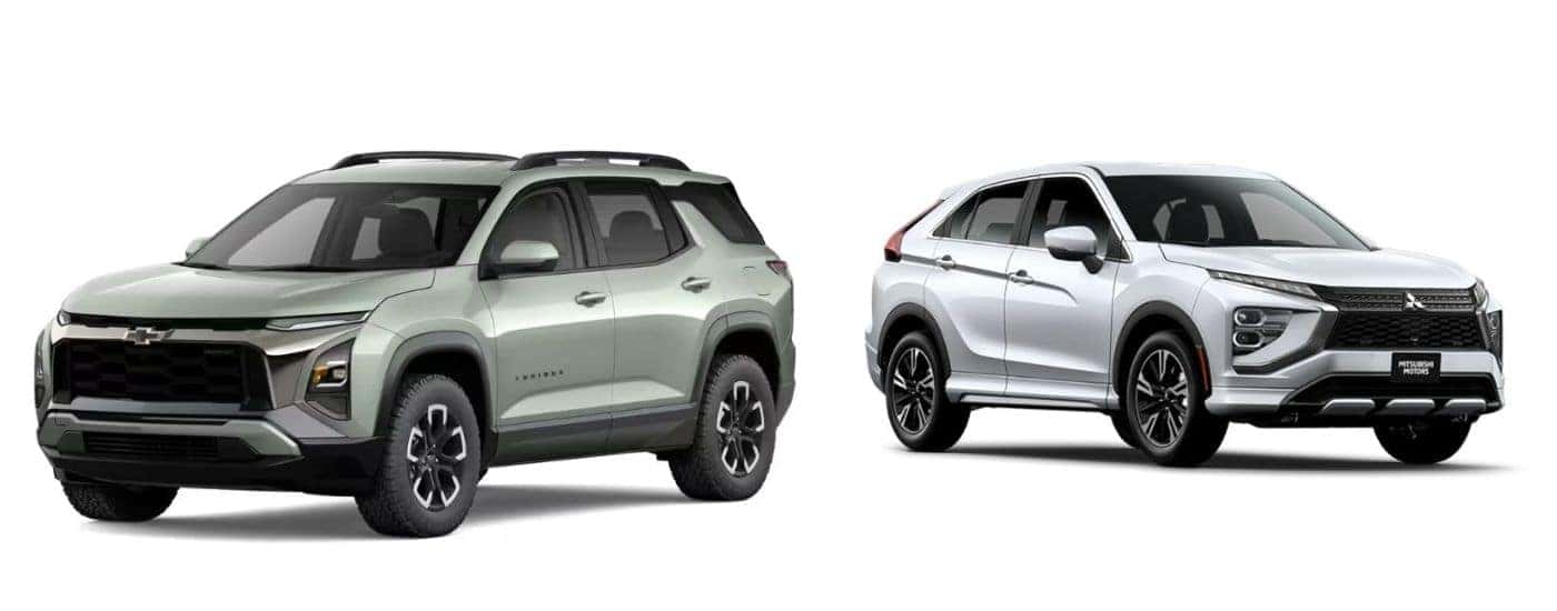 A green 2026 Chevy Equinox vs a white 2026 Mitsubishi Eclipse Cross