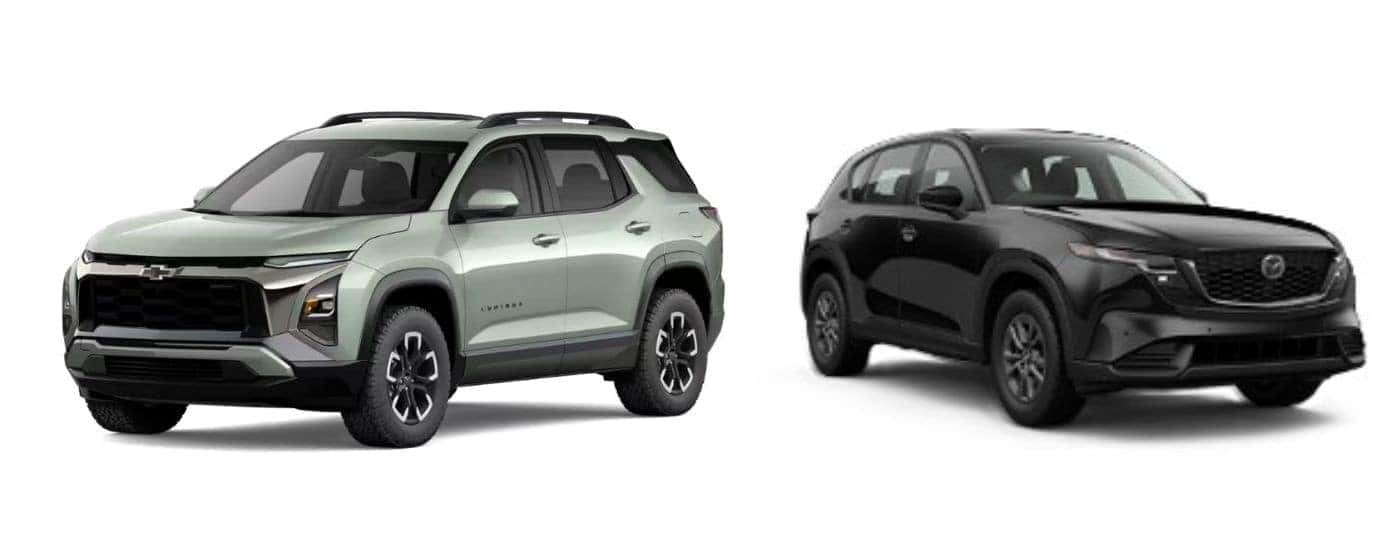 A green 2026 Chevy Equinox vs a black 2026 Mazda CX-5.
