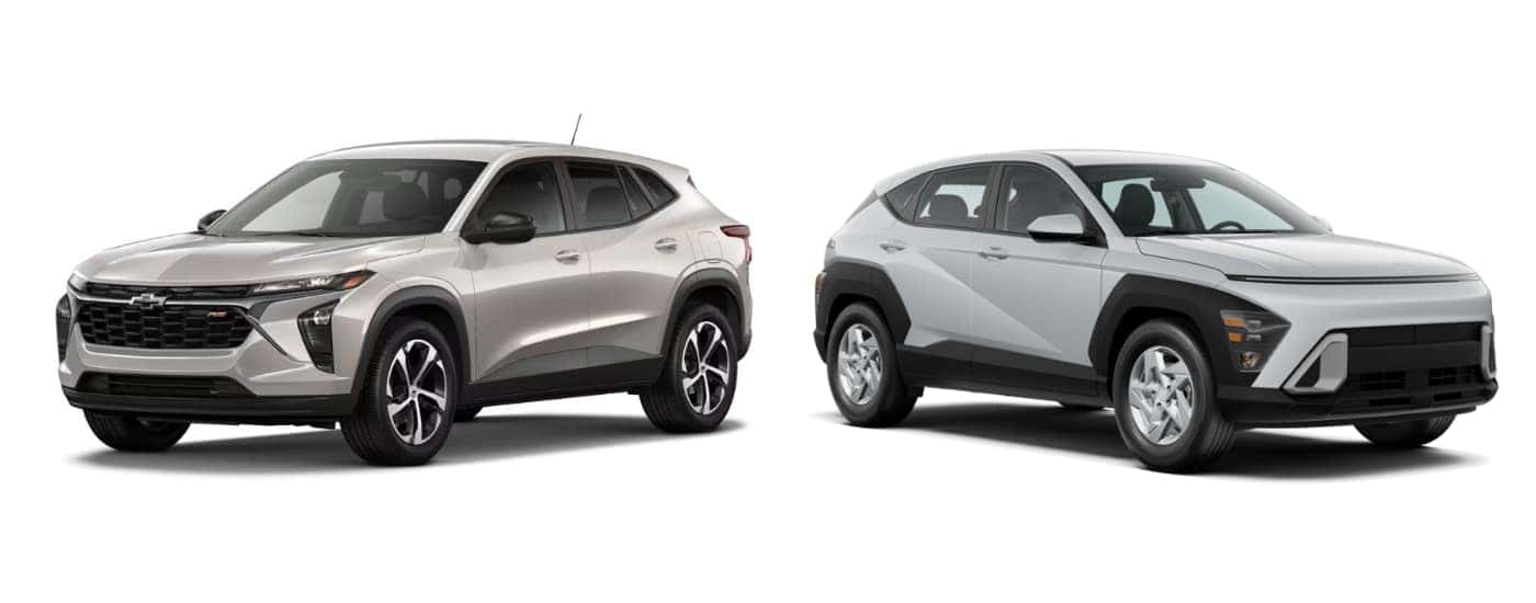 Grey 2026 Chevy Trax 1RS angled left and grey 2026 Hyundai Kona SE angled right