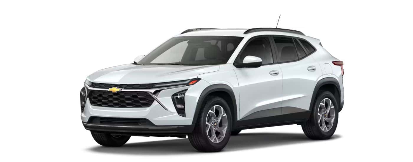 A white 2026 Chevy Trax LT angled left.
