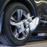 Close up of a tire during a wheel alignment.
