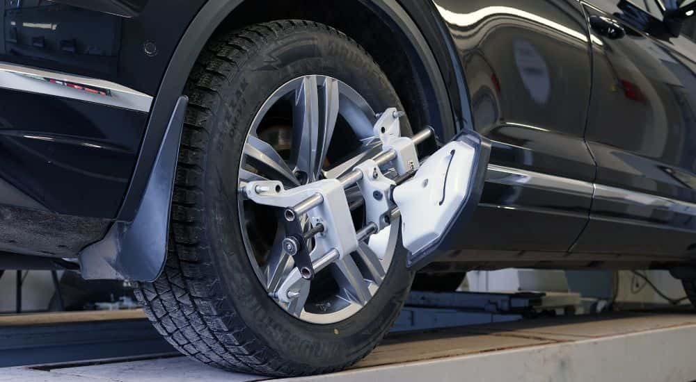 Close up of a tire during a wheel alignment.