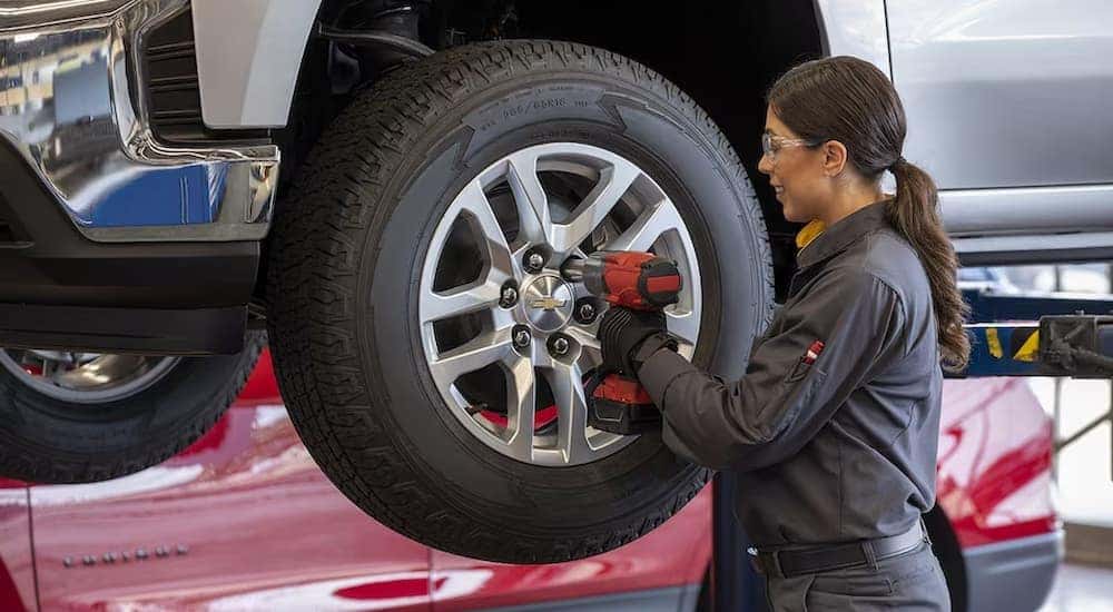 A tire installation at a Chevy dealership.