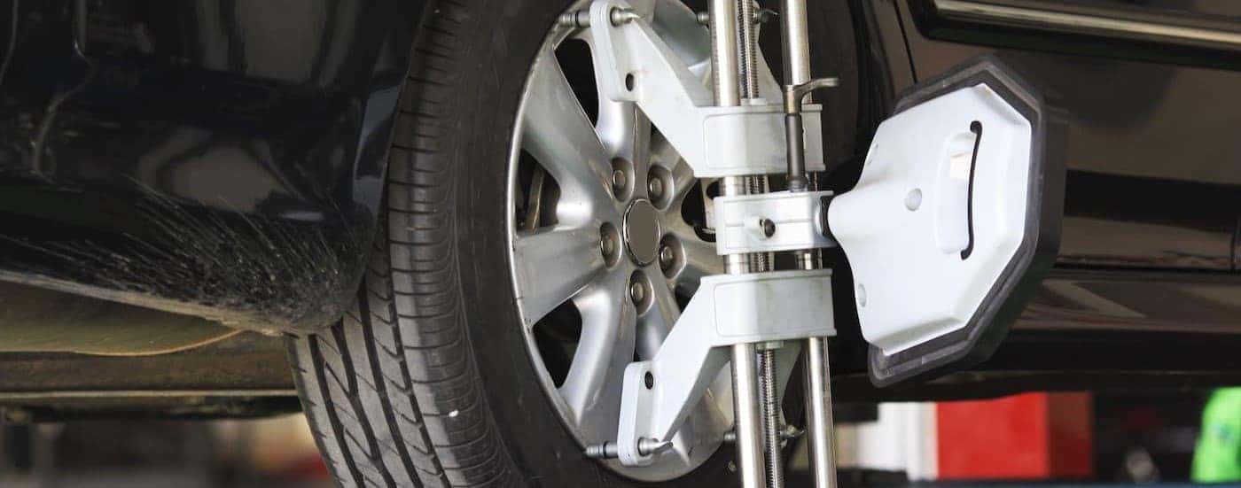 Wheel alignment equipment on a wheel.