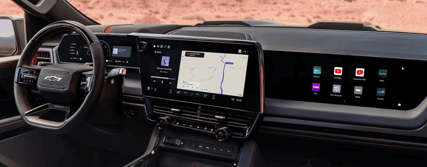 Black leather interior of a 2027 Chevy Silverado 1500