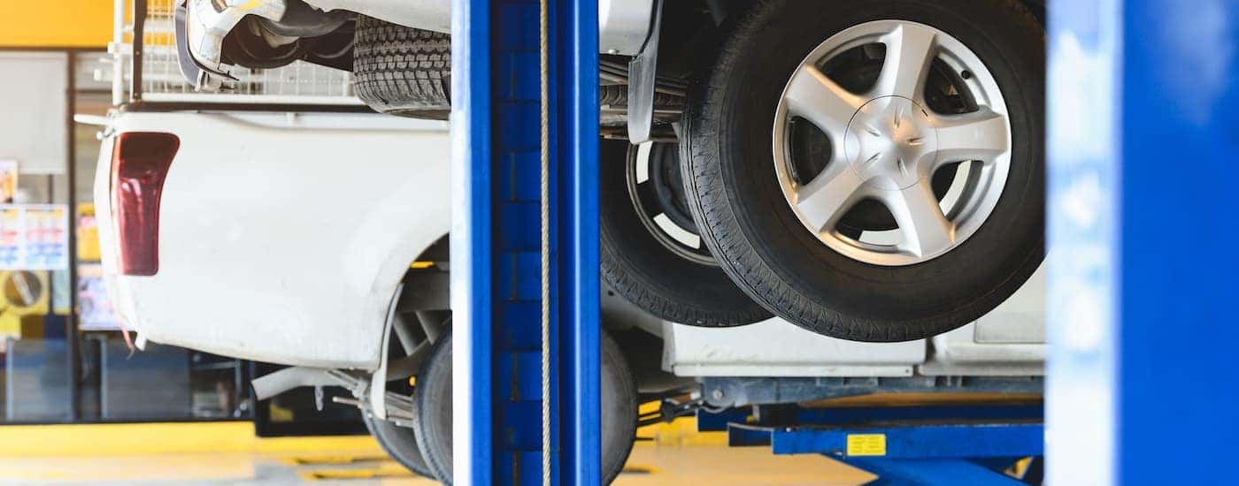 Vehicles up on a lift so a tire rotation may be performed.