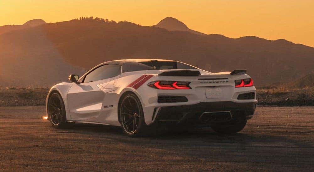 A white 2027 Chevy Corvette Grand Sport 3LT Convertible rear-facing.