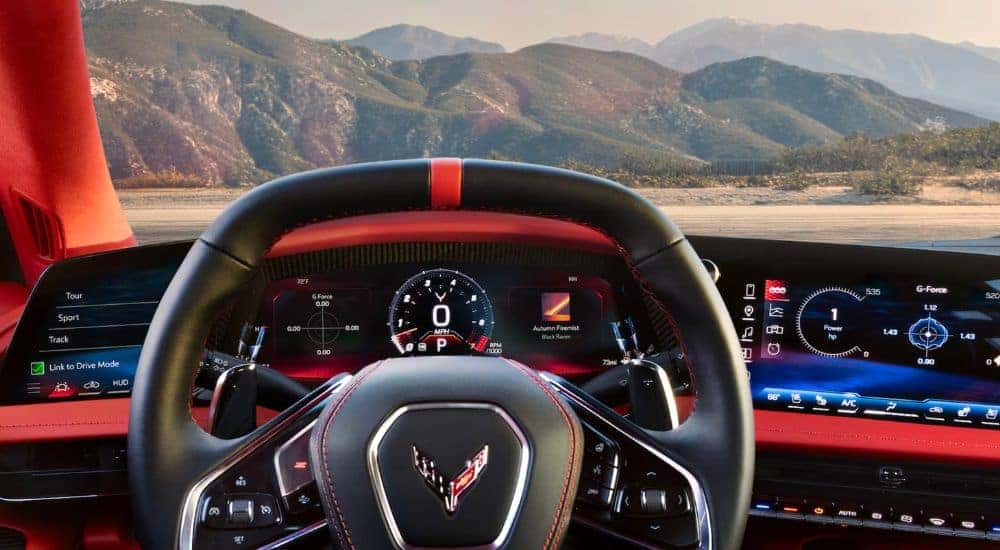 Infotainment, steering and digital gauge cluster on a 2027 Chevy Corvette Grand Sport.