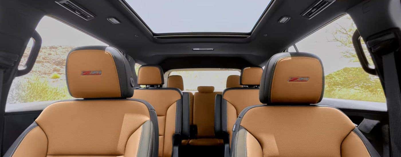 Tan seats and sunroof in a 2027 Chevy Traverse Z71.
