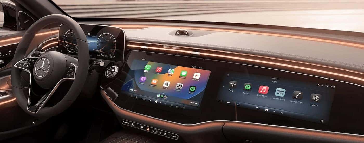 Dashboard and infotainment screens in a 2025 Mercedes-Benz E-Class Sedan