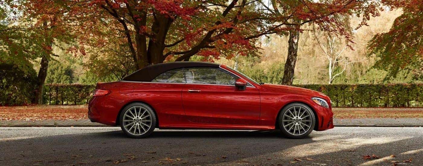 Red convertible 2023 Mercedes-Benz C class parked under a tree