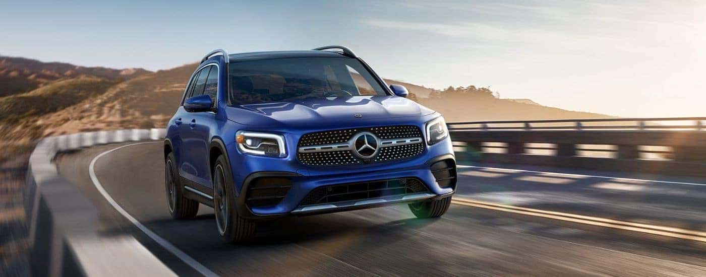 Blue 2020 Mercedes-Benz GLB driving down the freeway