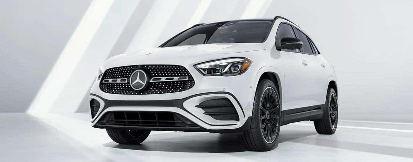 A white 2025 Mercedes Benz GLA from the front.