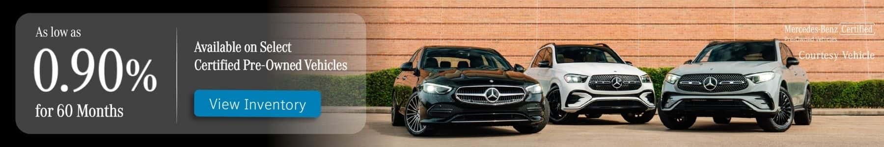 As low as 0.90% for up to 60 Months on select 2025 & 2026 Certified Pre-Owned Mercedes-Benz Vehicles