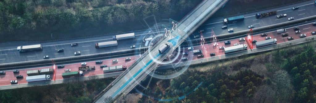 overhead view of Metris van on highway with a grid overlay