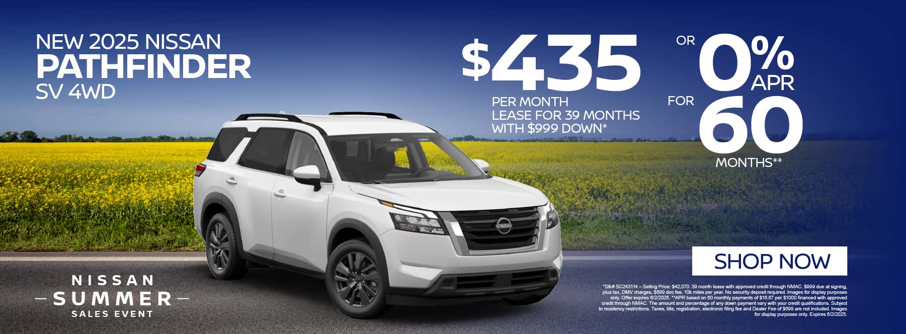 New 2025 Nissan Pathfinder SV 4WD $435 per month lease for 39 months with $999 down* or 0% for 60 Months**