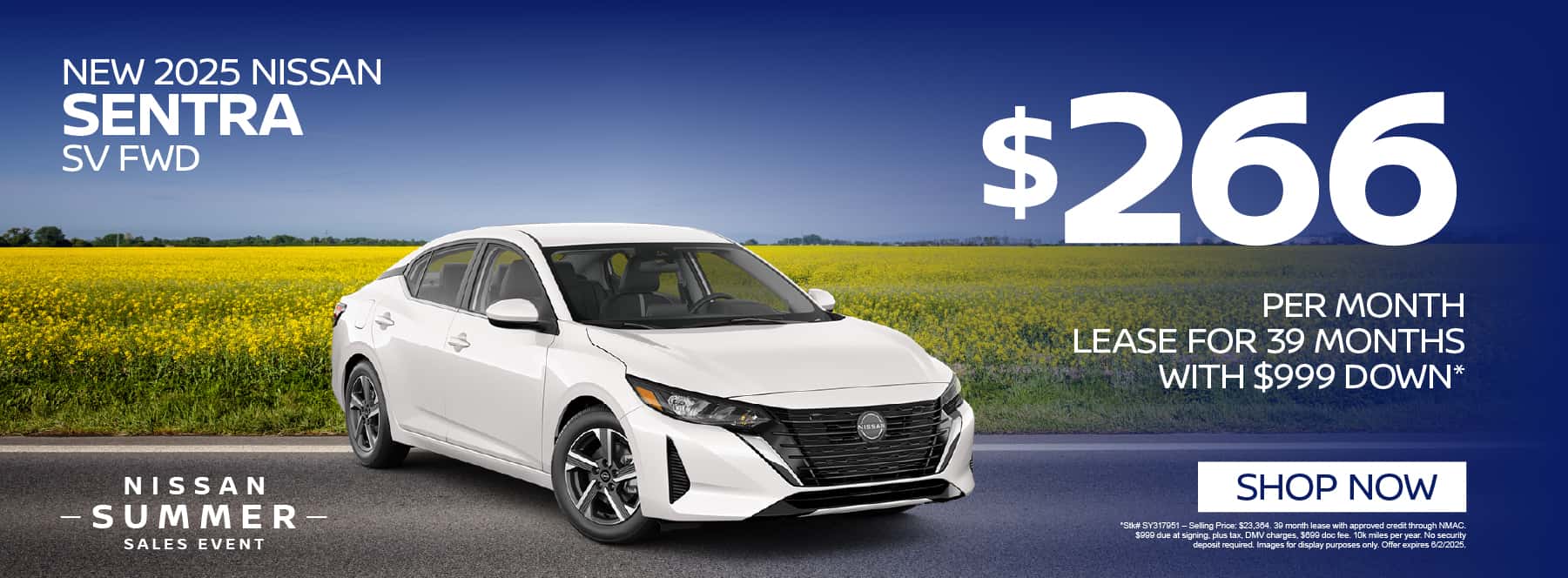 New 2025 Nissan Sentra SV FWD $266 per month lease for 39 months with $999 down*