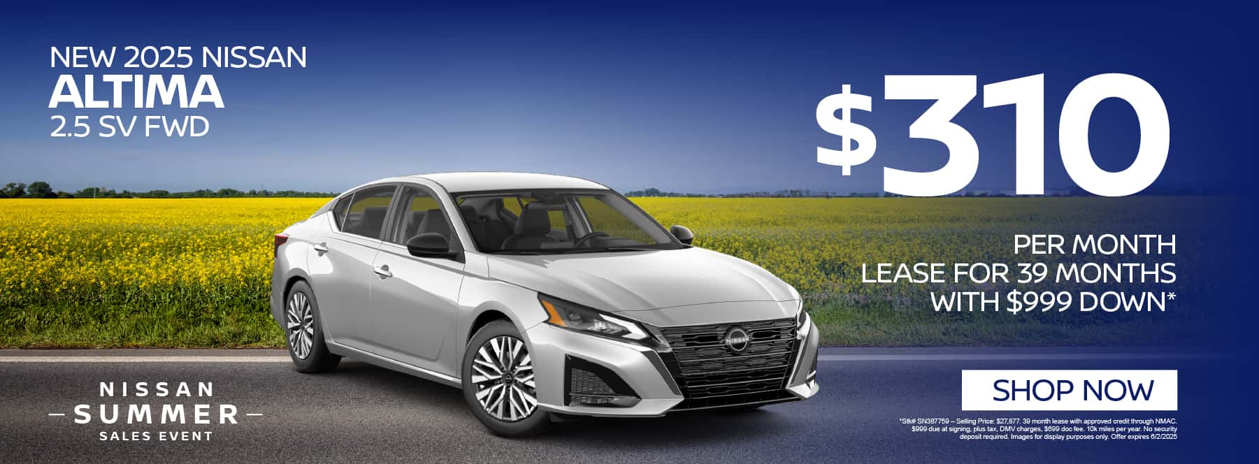 New 2025 Nissan Altima 2.5 SV FWD $310 per month lease for 39 months with $999 down*