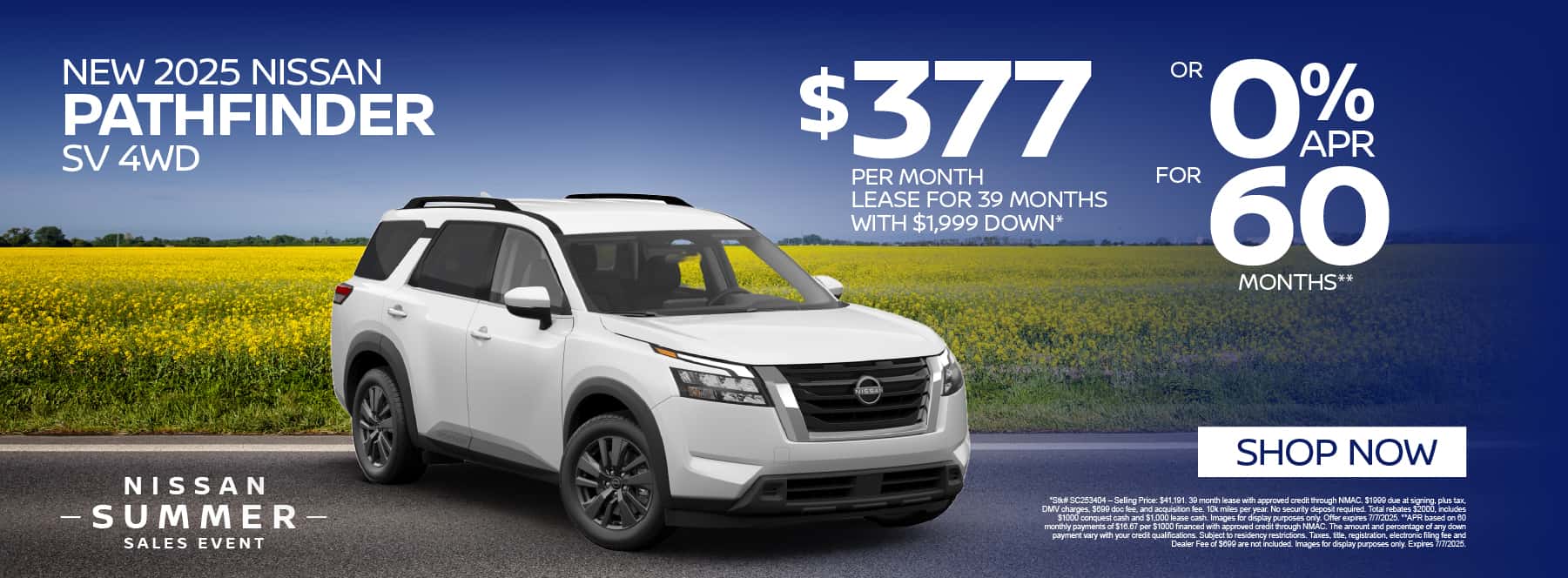 New 2025 Nissan Pathfinder SV 4WD $377 per month lease for 39 months with $1,999 down* or 0% for 60 Months**