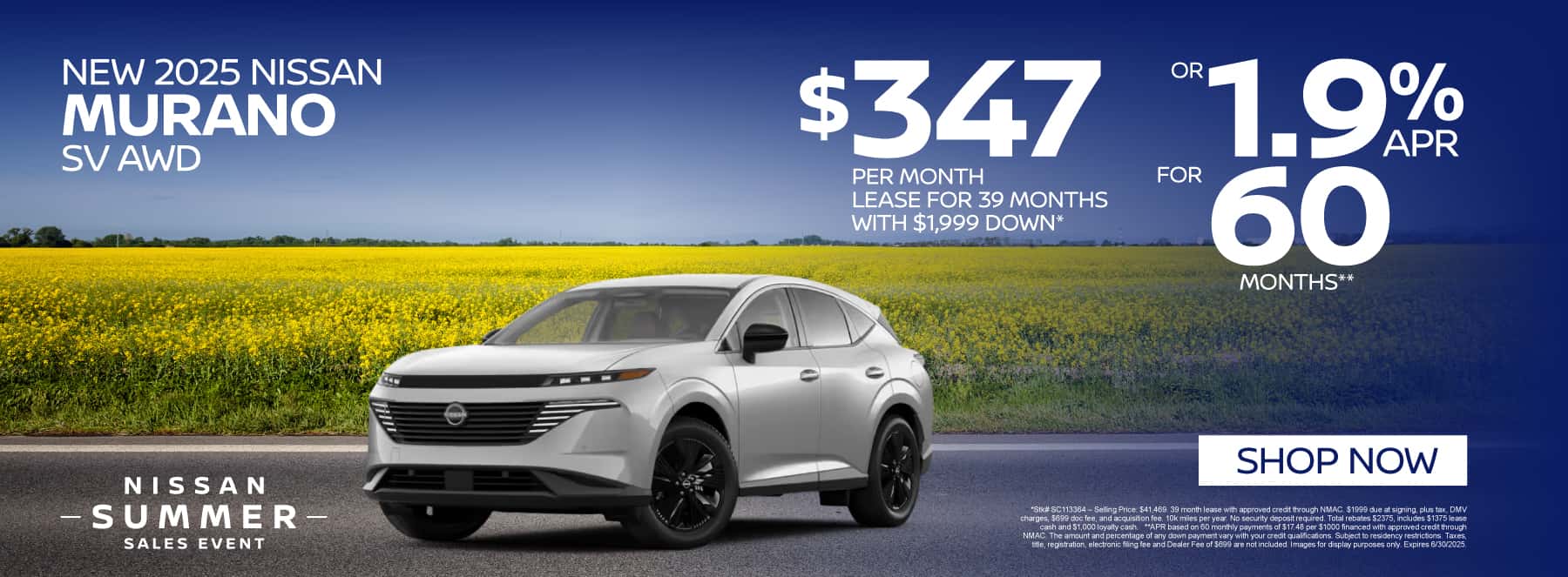 New 2025 Nissan Murano SV AWD $347 per month lease for 39 months with $1,999 down* or 1.9% for 60 Months**