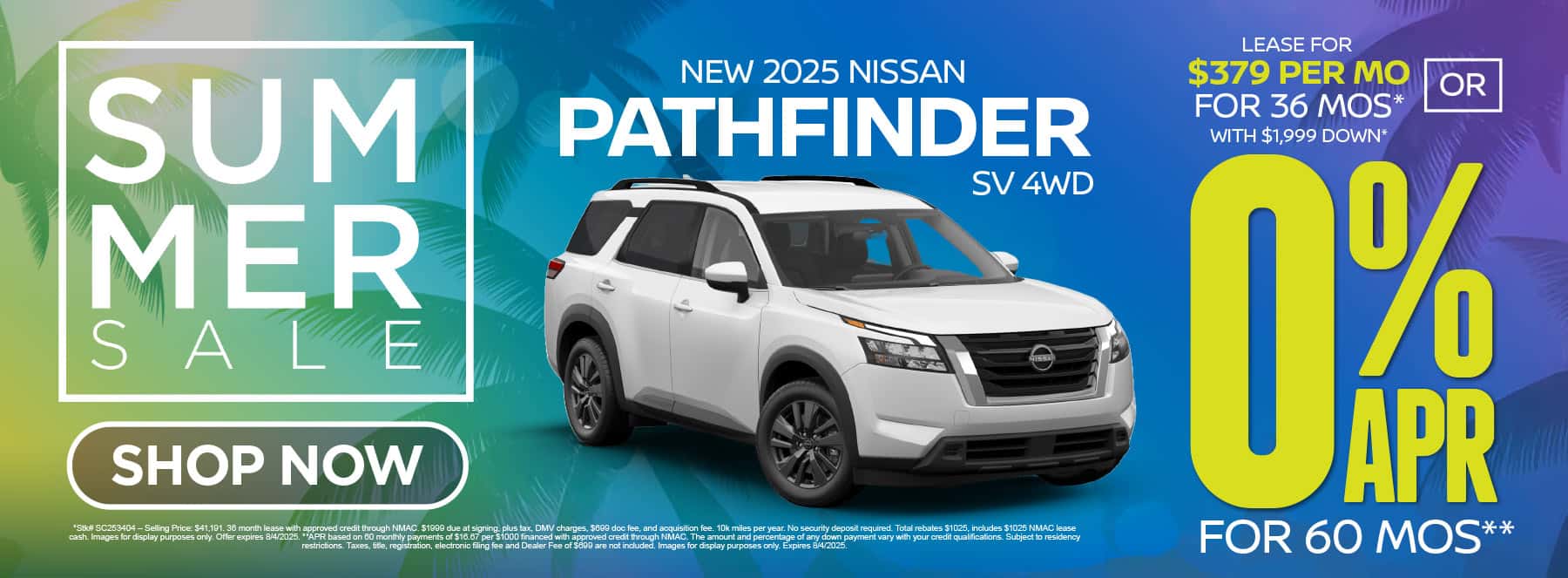 New 2025 Nissan Pathfinder SV 4WD $379 per month lease for 36 months with $1,999 down* or 0% for 60 Months**