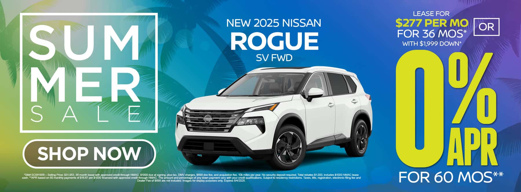 New 2025 Nissan Rogue SV FWD $277 per month lease for 36 months with $1,999 down* or 0% APR For 60 Months**