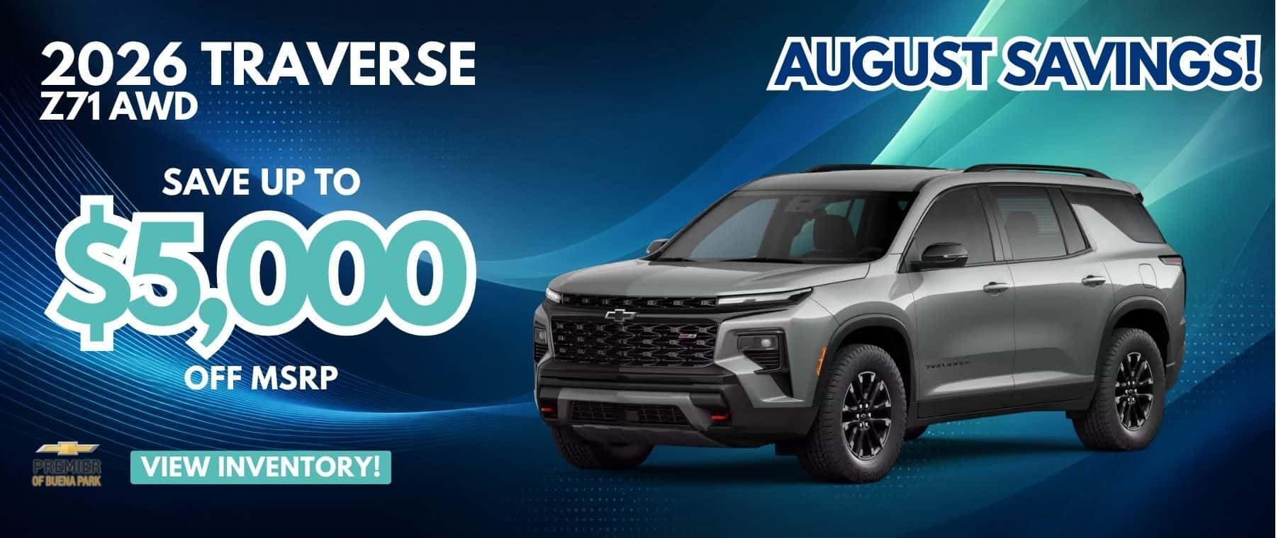 New 2026 Traverse Z71 AWD, Save $5,000 off MSRP (includes dealer document processing charge). Sale price after Dealer Discount and dealer doc fee: $52,839
