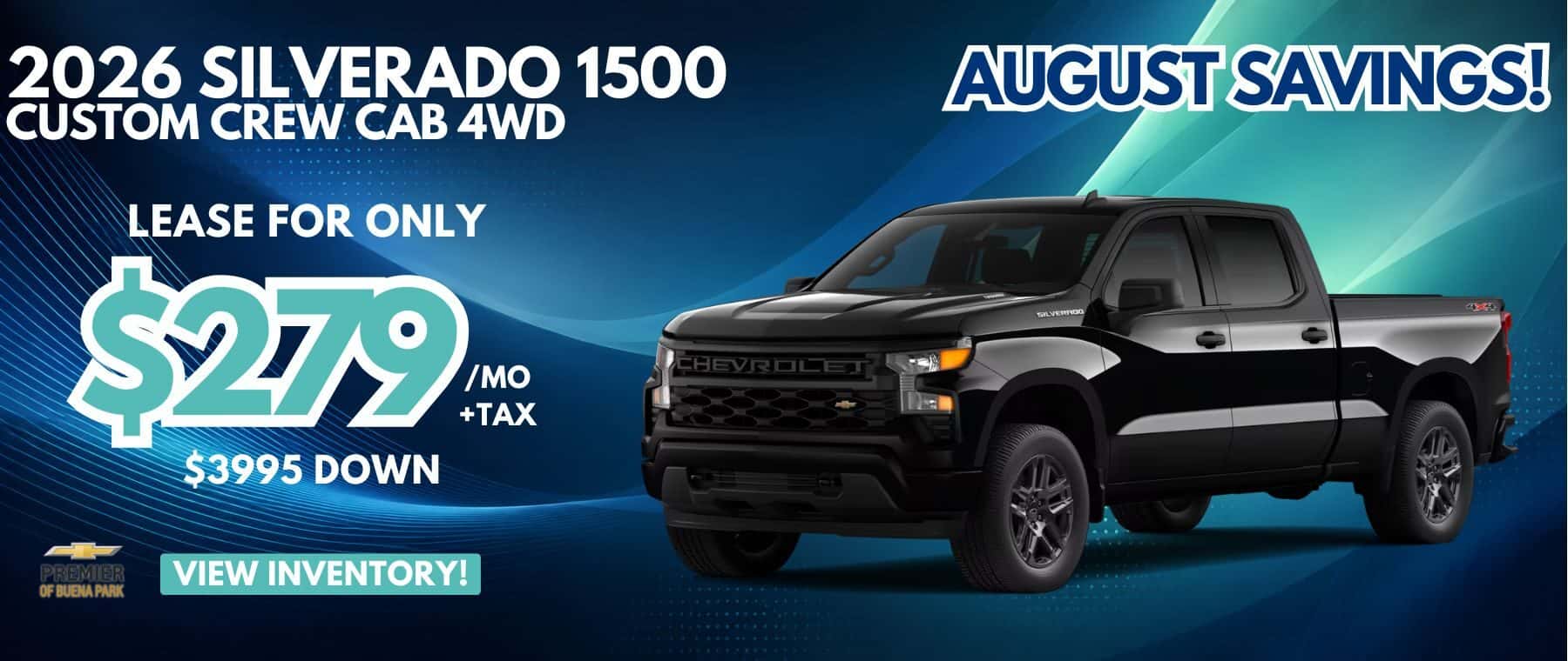 Lease a new 2026 Silverado 1500 Custom Crew Cab 4x4 for $329 a month plus tax for 24 months with $5,995 due at signing.
