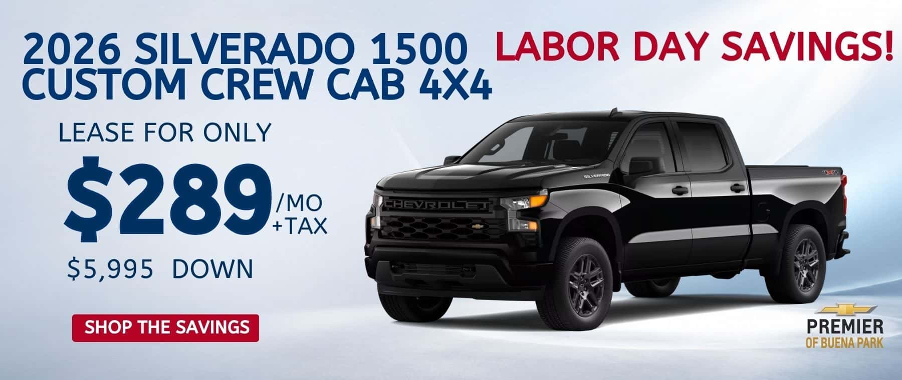 ****Lease a new 2026 Silverado 1500 Custom Crew Cab 4x4 for $289 a month plus tax for 24 months with $5,995 due at signing.