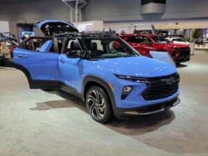 light blue Chevrolet Trailblazer RS 2024 in a showroom