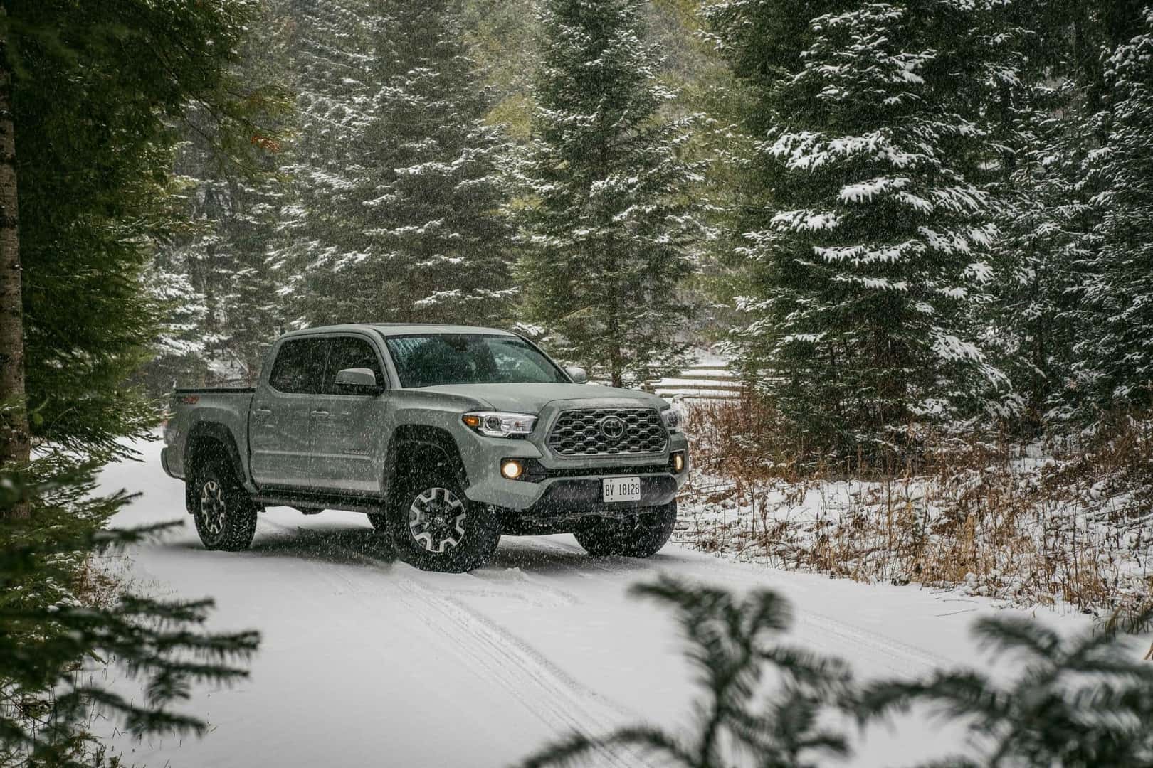 A Toyota Tacoma parked in the snow
