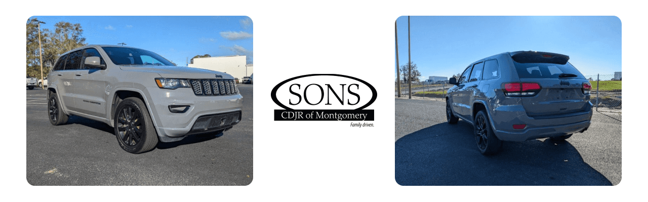 A gray Jeep Grand Cherokee SUV is parked in a lot, with the Sons CDJR of Montgomery logo in the center.