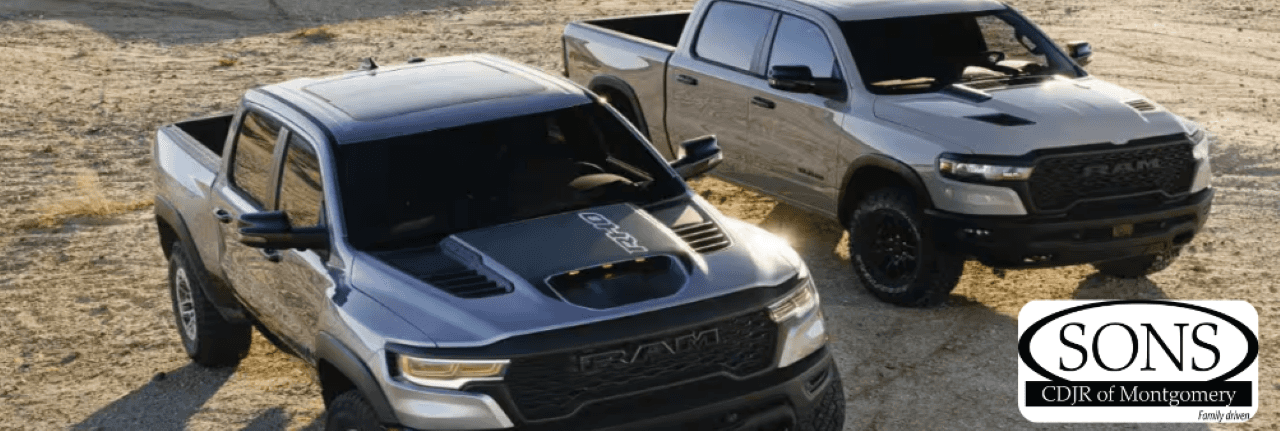 Ram truck parked near Montgomery's local attraction, highlighting its rugged design and performance.