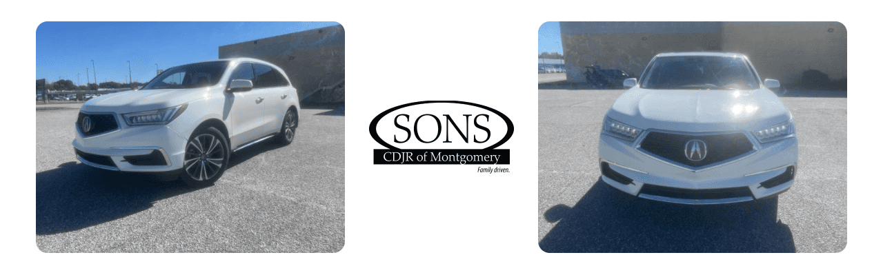 A white Acura MDX SUV is parked in a lot, with the Sons CDJR of Montgomery logo in the center.