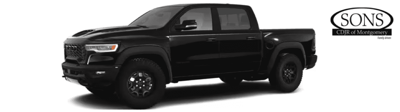A happy family taking a test drive in a brand new Ram truck from SONS CDJR of Montgomery, smiling and enjoying the spacious and comfortable interior.