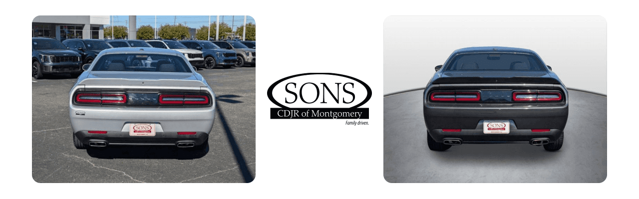 SONS CDJR Montgomery showroom, highlighting a variety of Dodge Challengers.