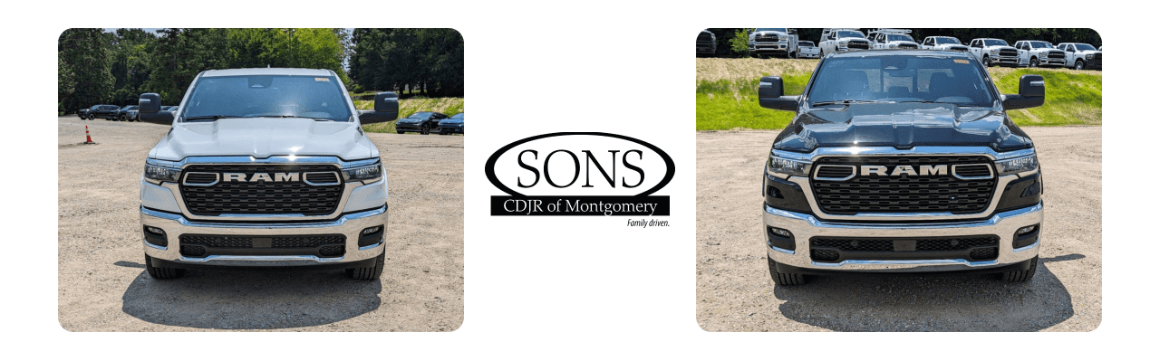SONS CDJR dealership in Montgomery featuring a lineup of Dodge Ram trucks ready for purchase.