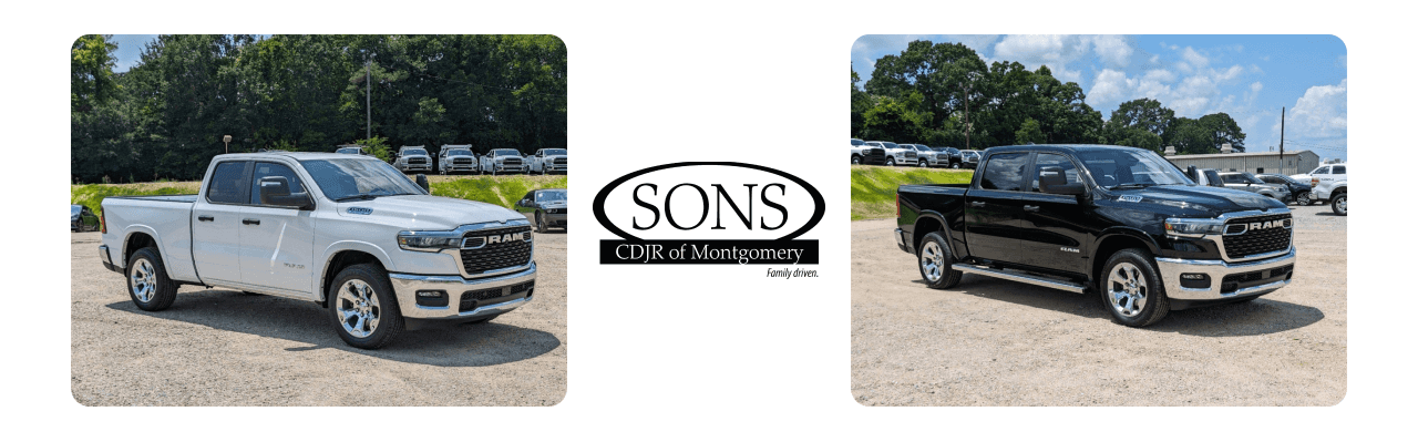 Powerful Dodge Ram trucks displayed at the SONS CDJR showroom in Montgomery.