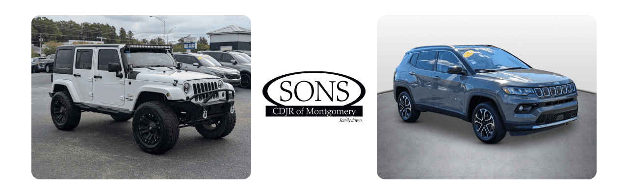 SONS CDJR of Montgomery displaying a collection of Jeep vehicles.